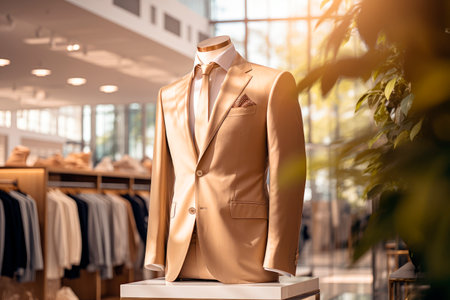 Clothing display featuring a luxurious suit. Men elegant clothing at modern luxurious store. AI generatedの素材