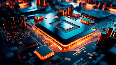 Computer circuit board close-up. Electronic computer hardware technology. Motherboard digital chip.  Integrated communication processor. AI generatedの素材