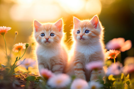 A beautiful fluffy kittens in a summer meadow full of flowers. Cute little kittens sitting in flower meadow. AI generatedの素材