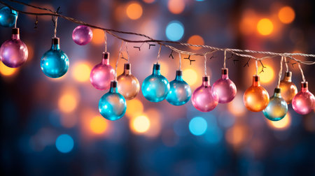 Multicolored retro garland on blurred festive background. Christmas decoration theme. AI generatedの素材