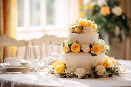 Wedding cake decorated with roses,  on a table in a bright sunny room. AI generatedの素材