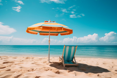 Colored umbrella with beach chair on the empty beach. Summer time.  AI generatedの素材