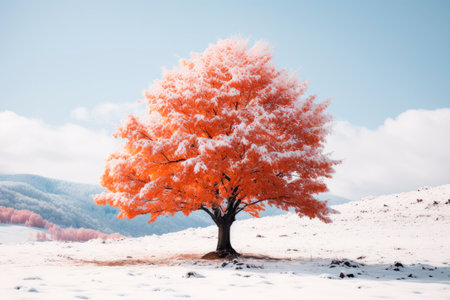 First snow in the autumn mountains with a single tree with red leaves.  AI generatedの素材