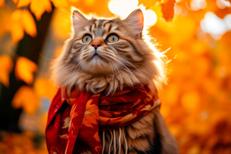 Autumn cat.Tabby cat in a red scarf and autumn leaves in the park. Pets in autumn season. Cute cat in a scarf. AI generatedの素材