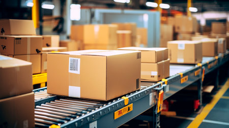 Smart warehouse management system concept.Cardboard boxes on conveyor rollers ready to be shipped for distribution in warehouse. AI generatedの素材