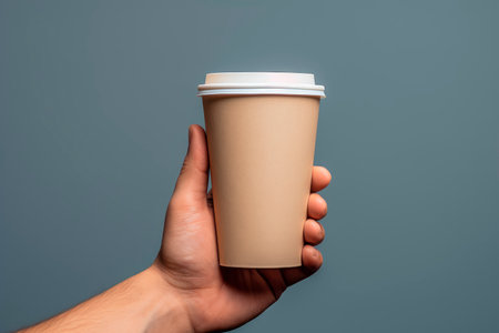 Hand holding takeaway paper coffee cup on a grey background. AI generatedの素材