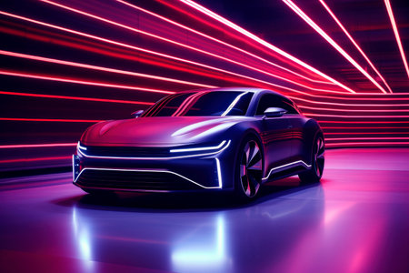 A futuristic unreal electric car with neon vivid lighting. Ai generatedの素材