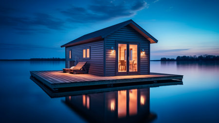 Modern floating house with nice reflection on the lake water at night. Living on a floating house is very attractive. Ai generatedの素材