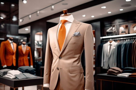 Men elegant clothing showcase. Interior of the business suit shop. Men clothing on mannequins in a store. AI generatedの素材