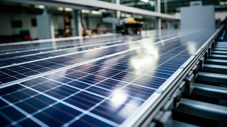 Solar Panel Production Process at Modern Automated Factory. Solar Panels on Assembly Line During Manufacturing Process. AI generatedの素材