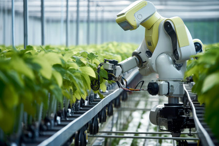 Agriculture robotic and autonomous machine working in smart farm. Future 5G technology with smart agriculture farming concept. AI generatedの素材