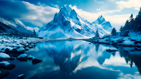 Winter mountain lake in snow landscape. Snow landscape on winter mountains. AI generatedの素材
