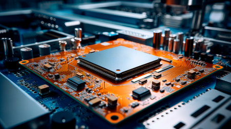 Circuit board. Central Computer Processors CPU concept. Motherboard digital chip, tech science background. AI generatedの素材