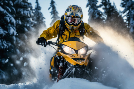 In deep snowdrift snowmobile rider make fast turn.  Extreme sport adventure, outdoor activity during winter holiday. AI generatedの素材