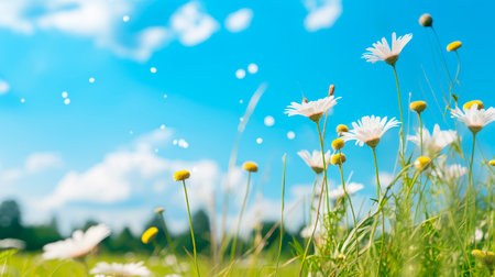 Green grass and chamomile in the meadow. Spring or summer nature scene with blooming white daisies in sunlight. AI generatedの素材