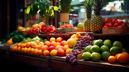 Big choice of fresh fruits and vegetables on market counter. AI generatedの素材