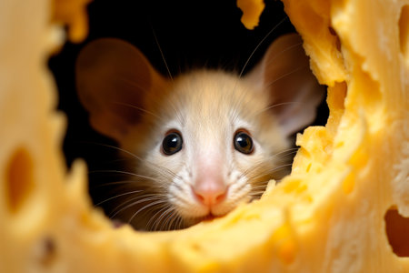 Curious mouse looking out of the hole in the yellow cheese. AI generatedの素材