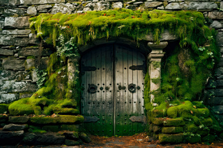 Small wooden door in a stone wall covered with moss. AI generatedの素材