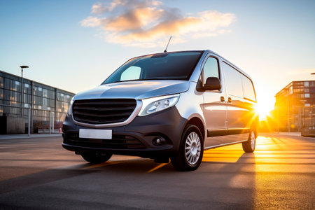 Silver delivery van on parking in front of the warehouse at distribution center. Logistic and delivery concept. AI generatedの素材