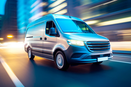 Delivery van on a road during delivery. Logistic and delivery concept. AI generatedの素材