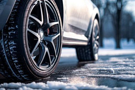 Car tires on winter road covered with snow. Vehicle on snowy road in the morning at snowfall. AI generatedの素材