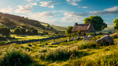 A cozy cottage nestled in the rolling hills. Scenic outdoor nature view with cottage in countryside. Calm country life. AI generatedの素材