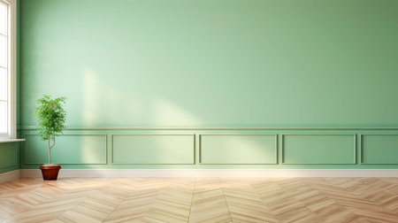 Empty living room with green wall and houseplant on a wooden floor. Copy space. AI generatedの素材