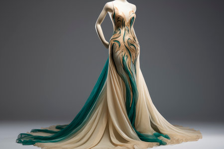 Elegant evening dress on a mannequin. High quality dress with detailed drapery, light gold and green color. AI generated.の素材