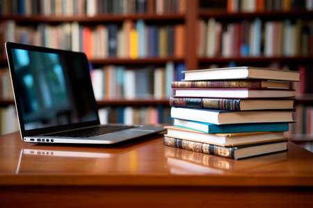 Stack of books with laptop on a wooden table in library room. AI generatedの素材