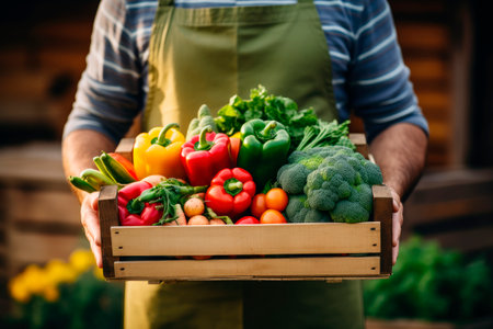 Senior man farmer holding wooden box full of fresh ripe vegetables. Harvest concept. AI generatedの素材