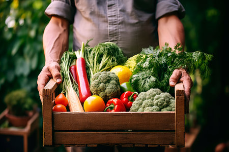 Senior man farmer holding wooden box full of fresh ripe vegetables. Harvest concept. AI generatedの素材