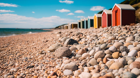 White and gray stones softly rounded and washed from sea water on a beach with a huts lined up on the background. AI generatedの素材