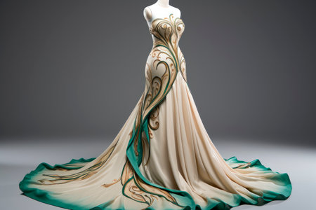 Elegant evening dress on a mannequin. High quality dress with detailed drapery, light beige and green color. AI generated.の素材