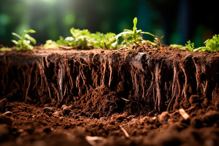 Close up of soil with green plants on the top layer. Part of exposed soil under bed of garden. Details of earth or ground. AI generatedの素材