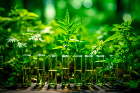 Laboratory test tubes with canabis extraction oil.Medical marijuana oil. AI generatedの素材