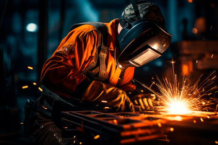 Professional mask protected welder man working on metal welding and sparks metal. AI generatedの素材