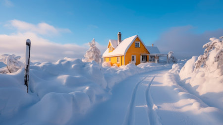 Morning after heavy snow, a yellow wooden house with thick snow cover on the roof. Car tracks in a fresh snow leading to the yellow cottage. AI generatedの素材