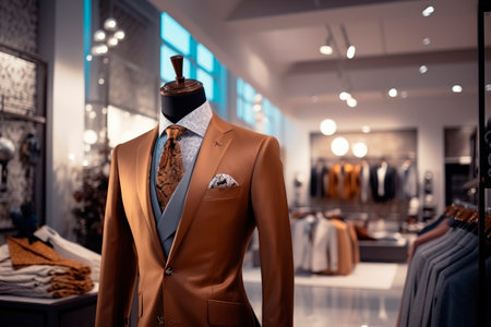 Men luxury clothing shop. Interior of the business suit shop. Men clothing on mannequins in a store. AI generatedの素材