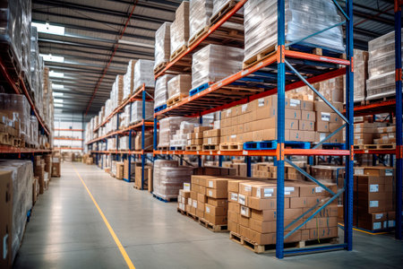 Retail Warehouse full of Shelves with Goods in Cardboard Boxes and Packages. Logistics, Sorting and Distribution Facility for Product Delivery. AI generatedの素材