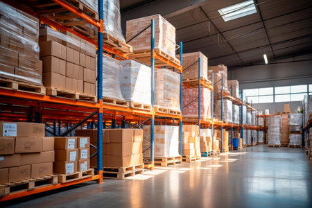 Retail Warehouse full of Shelves with Goods in Cardboard Boxes and Packages. Logistics, Sorting and Distribution Facility for Product Delivery. AI generatedの素材