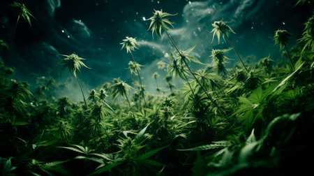 Marijuana leaves, cannabis on a dark background, beautiful background. Outdoor Cannabis Flowers field marijuana . AI generatedの素材
