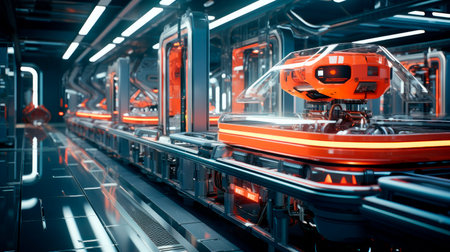 Production line in modern factory. Clean production room. Manufacture of industrial electronics.  AI generatedの素材