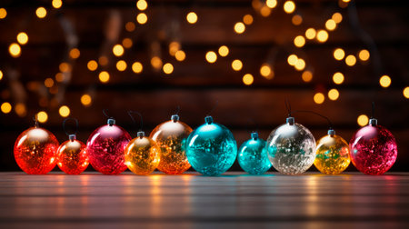 Christmas Baubles on wooden table and defocused lights in the background. AI generatedの素材