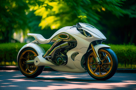 A futuristic white electric motorcycle in a sustainable green city on a bright sunny day. AI generatedの素材