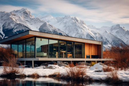 The modern house with wooden facade in a natural environment with a lake and snowy mountains landscape. AI generatedの素材