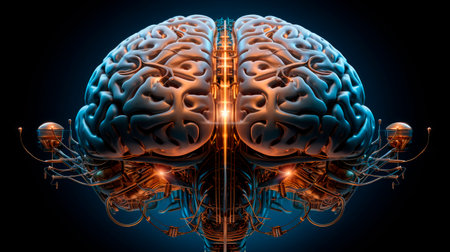 Wired brain - next step to artificial intelligence and circuit board human brain. Concept of artificial intelligence and cyber technology. AI generatedの素材