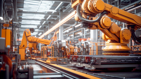 Robotic arm production lines modern industrial technology. Automated production cell. AI generatedの素材