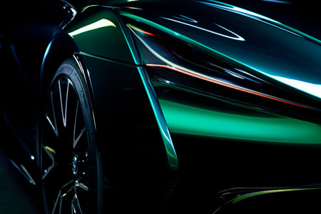 Close up of the LED headlights of futuristic modern green car. AI generatedの素材