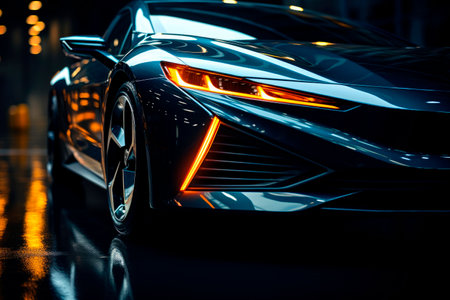 Close up of the LED headlights of futuristic modern car. AI generatedの素材