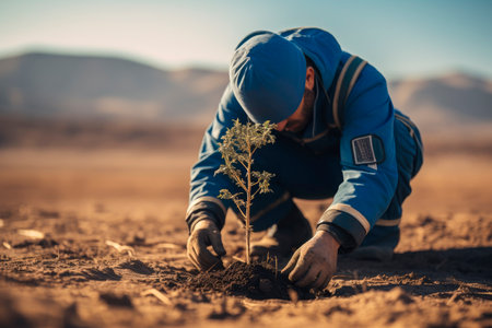 A farmer planting a tree at deserted land. Concept of world environment day planting forest, nature, and ecology. AI generatedの素材